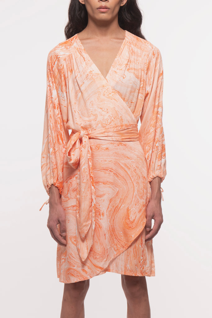 orange marble dress Simmi lace front slit front mini dress orange marble print