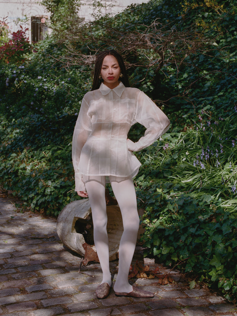 新品未使用　Venica Vneck sheer blouse / white PREORDER CELIA WHITE ORGANZA SILK BLOUSE | Permanentvacationclothing